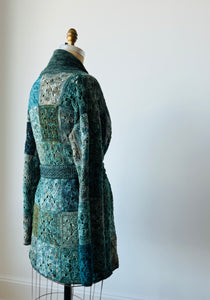 Crocheted Cardigan with a Shawl Collar and a Reversible Embroidered Belt
