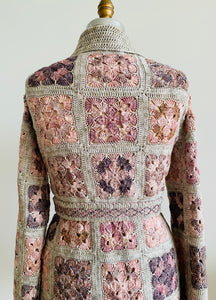Crocheted Cardigan with a Shawl Collar and a Reversible Embroidered Belt