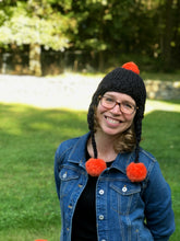 Load image into Gallery viewer, Handmade Aviator Hat | Black with Orange PomPoms