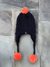 Load image into Gallery viewer, Handmade Aviator Hat | Black with Orange PomPoms