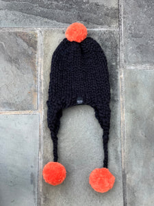 Handmade Aviator Hat | Black with Orange PomPoms