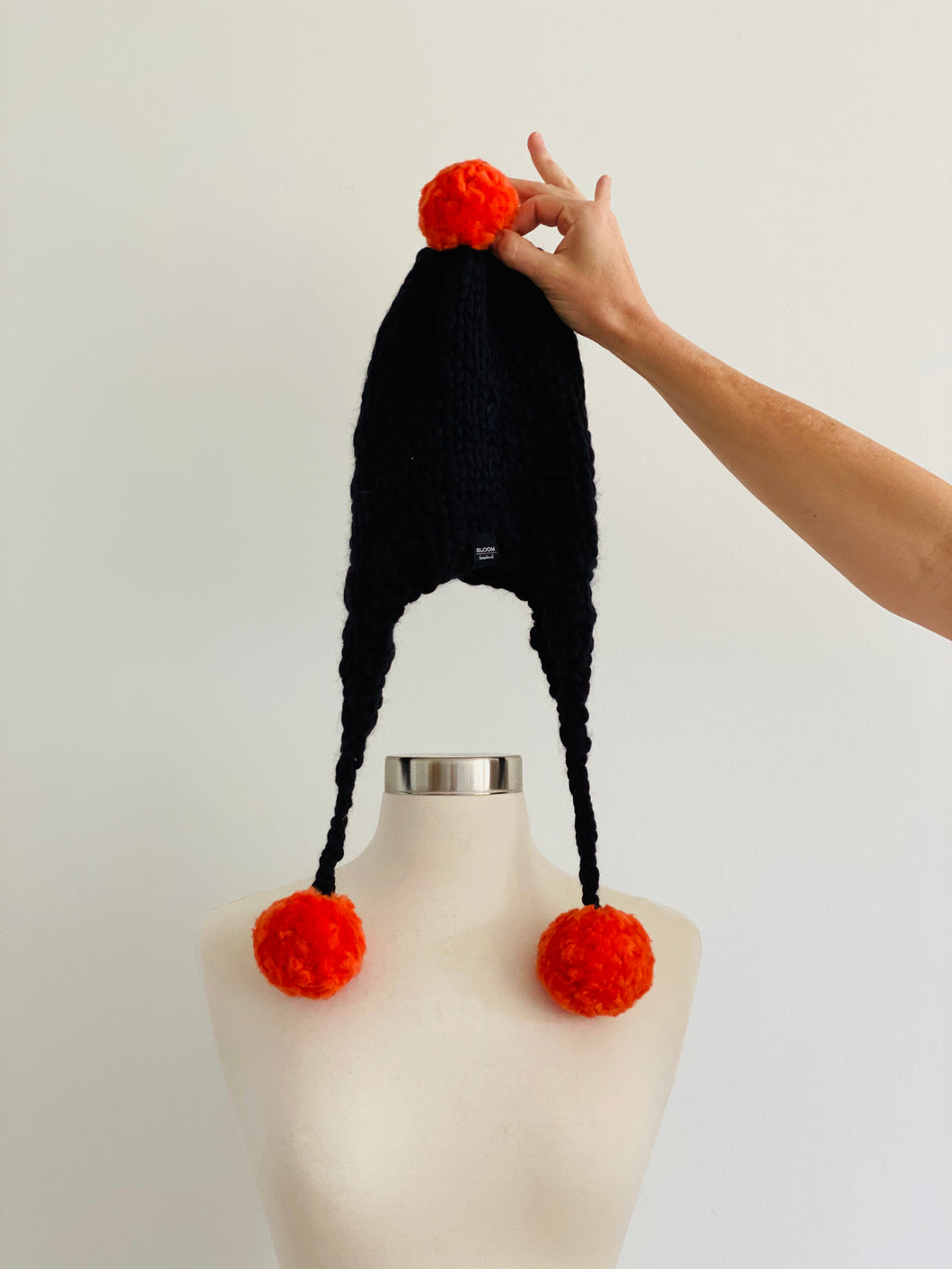Handmade Aviator Hat | Black with Orange PomPoms