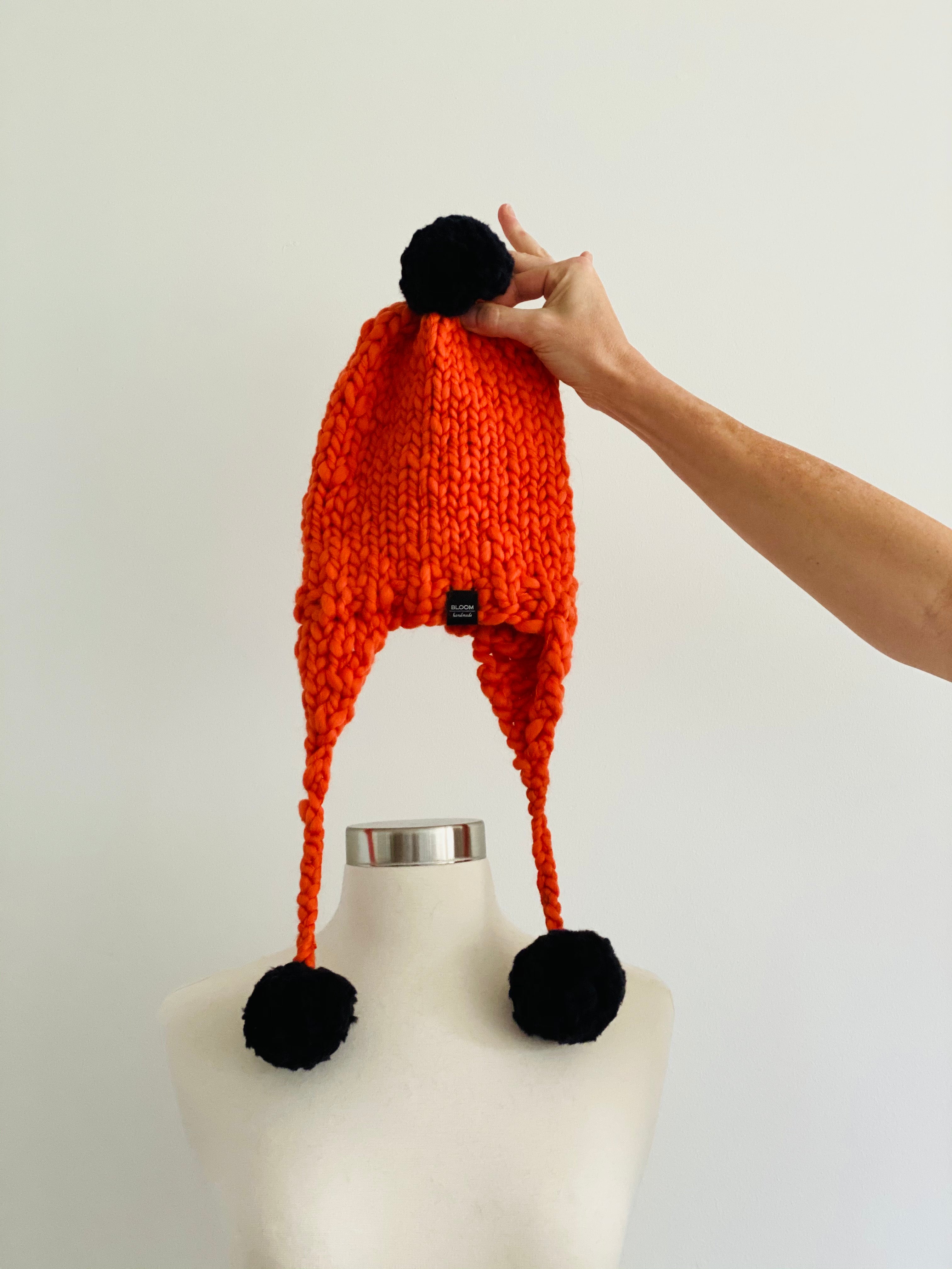 Handmade Aviator Hat  Black with Orange PomPoms – Bloom Handmade Studio
